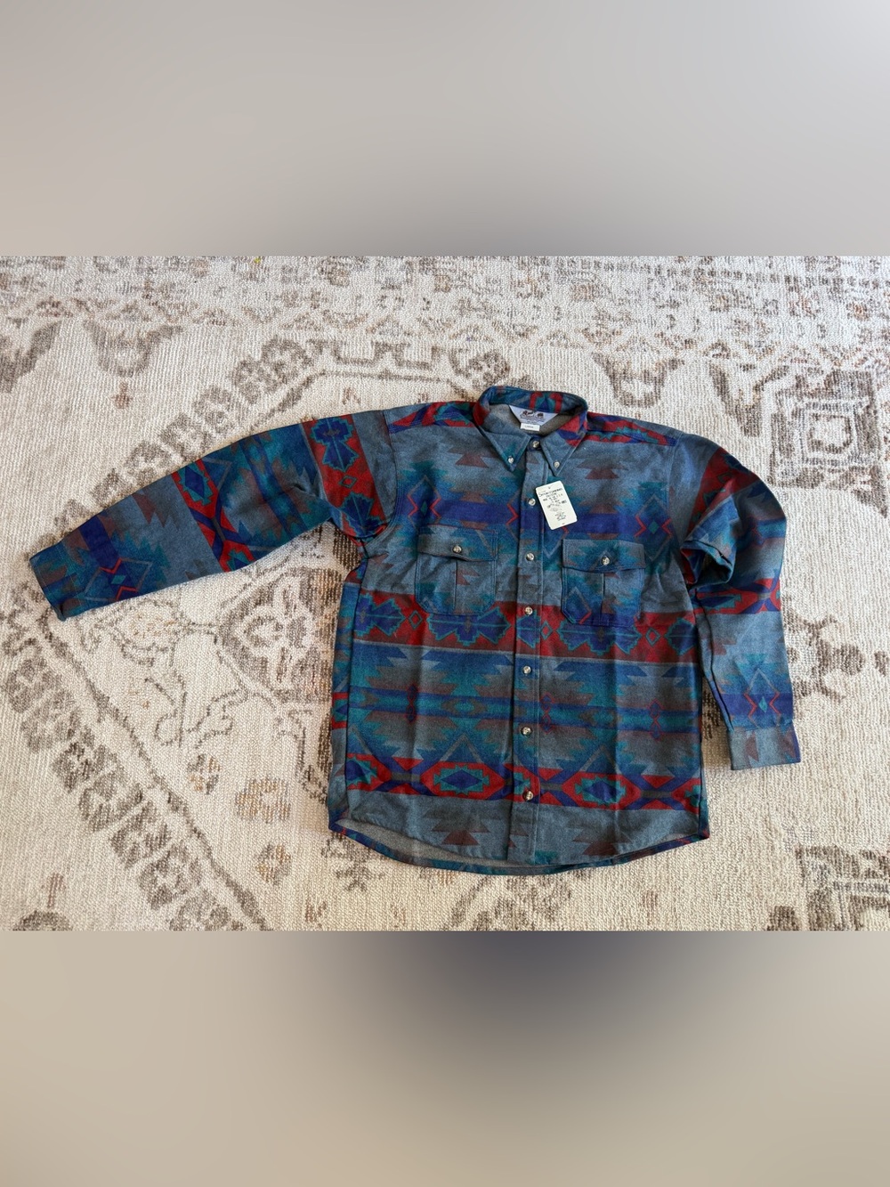 Vintage The Sportsmans Guide Shirt Mens Size Large Blue/Red Aztec Button Up